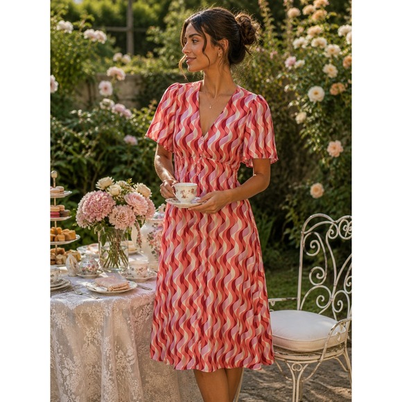 Nobody'S Child Dresses & Skirts - Nobody's Child Alexa Midi Dress Retro Wavy Print Pink Orange Size 16 (UK)/12 US